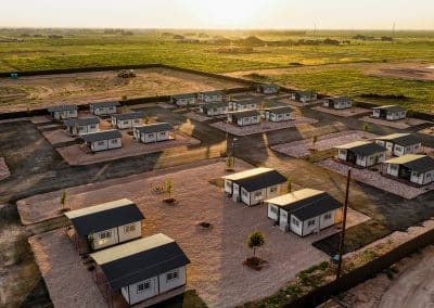 Aerial view of Iron Horse Living tiny home community in Odessa with modern rental units.